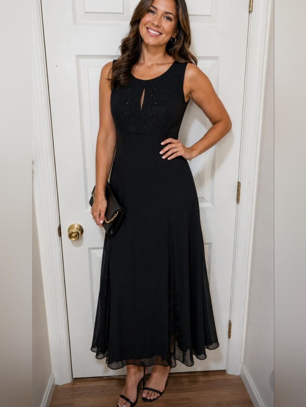 Jessica McClintock Dress Gown Womens SZ 10 Black Glitter Lined Rhinestone Neck